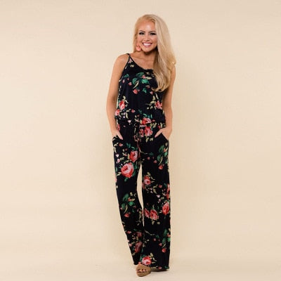 women Super Comfy Floral Jumpsuit Fashion Trend Sling Print Loose Piece Trousers