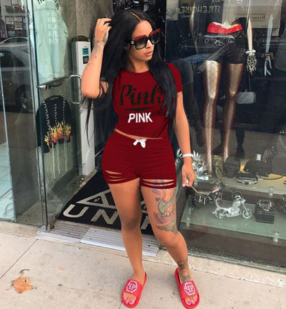 Pink Letter Print 2 Piece Set Tracksuit Women Top And Hollow Pants Casual Outfit Sweatshirts Two Pcs Sportwear 3XL Dropship