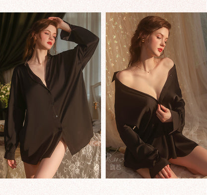 Sexy Solid Color Deep V Solid Color Pajamas Open Back Drawstring Shirt Women's Home Wear Suit