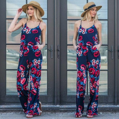 women Super Comfy Floral Jumpsuit Fashion Trend Sling Print Loose Piece Trousers