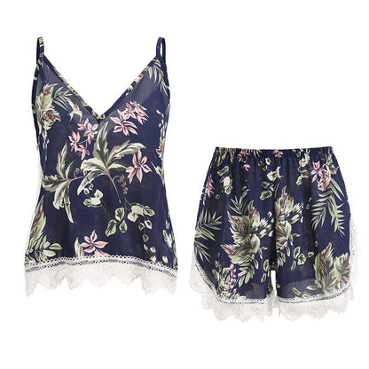 Women's Pajamas Set Silk Printing Sexy Lace Top And Shorts V-Neck Strap Sleeveless Pajamas Sling Summer SleepWear