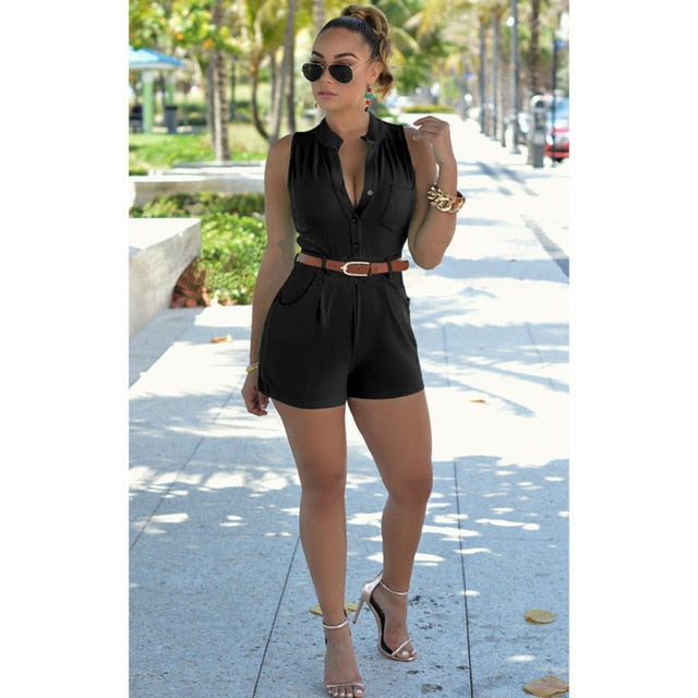 European Womens Jumpsuits Office Ladies Sexy Buttons V Neck Plus Size Playsuits Rompers Single Breasted Shorts with Belt