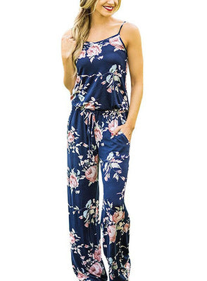 women Super Comfy Floral Jumpsuit Fashion Trend Sling Print Loose Piece Trousers