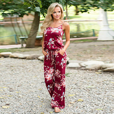 women Super Comfy Floral Jumpsuit Fashion Trend Sling Print Loose Piece Trousers