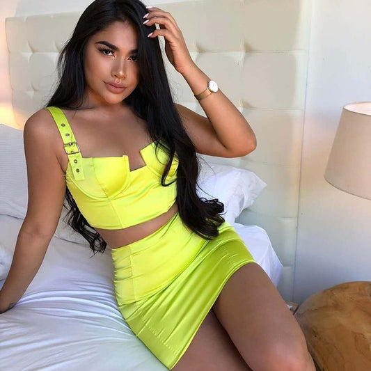 Buckle Down Satin Two Piece Set Summer Clothes For Women 2 Piece Outfits Push Up Crop Top Skirt Set Party Matching Sets