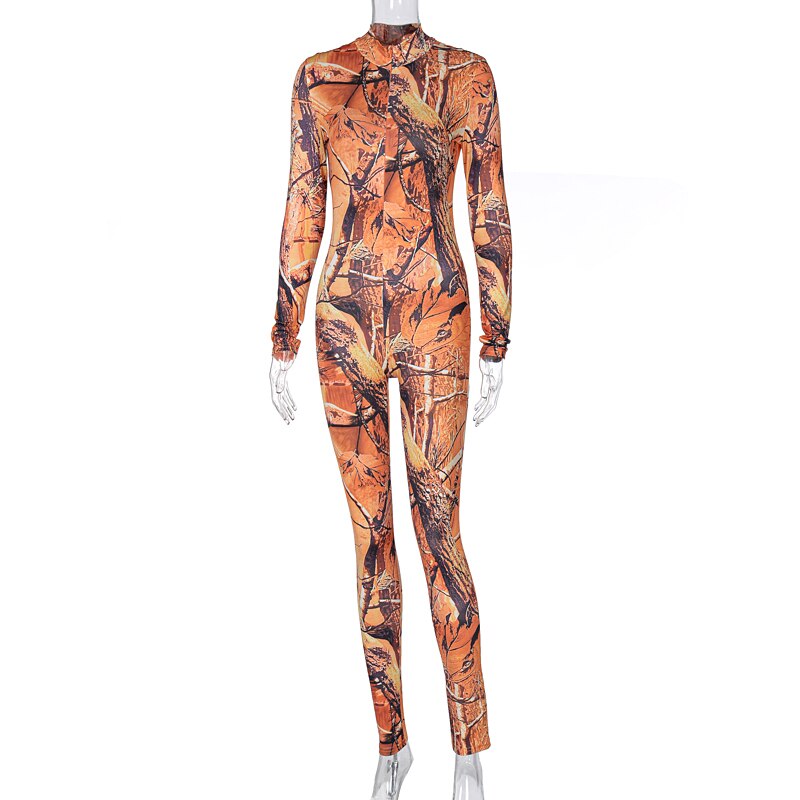 Long Sleeve Print Zip Up Skinny Bodycon Jumpsuit Autumn Winter Women Fashion Sexy Streetwear Casual Romper