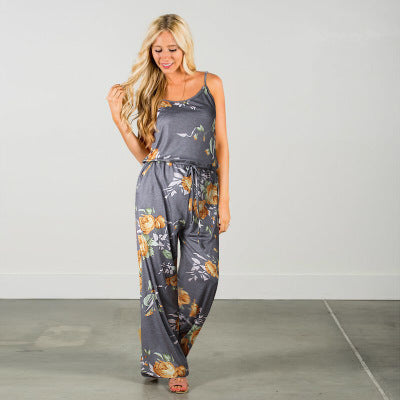 women Super Comfy Floral Jumpsuit Fashion Trend Sling Print Loose Piece Trousers