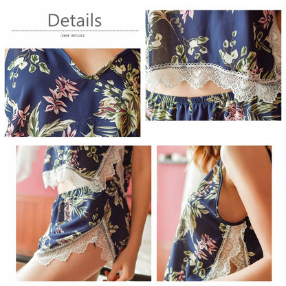 Women's Pajamas Set Silk Printing Sexy Lace Top And Shorts V-Neck Strap Sleeveless Pajamas Sling Summer SleepWear