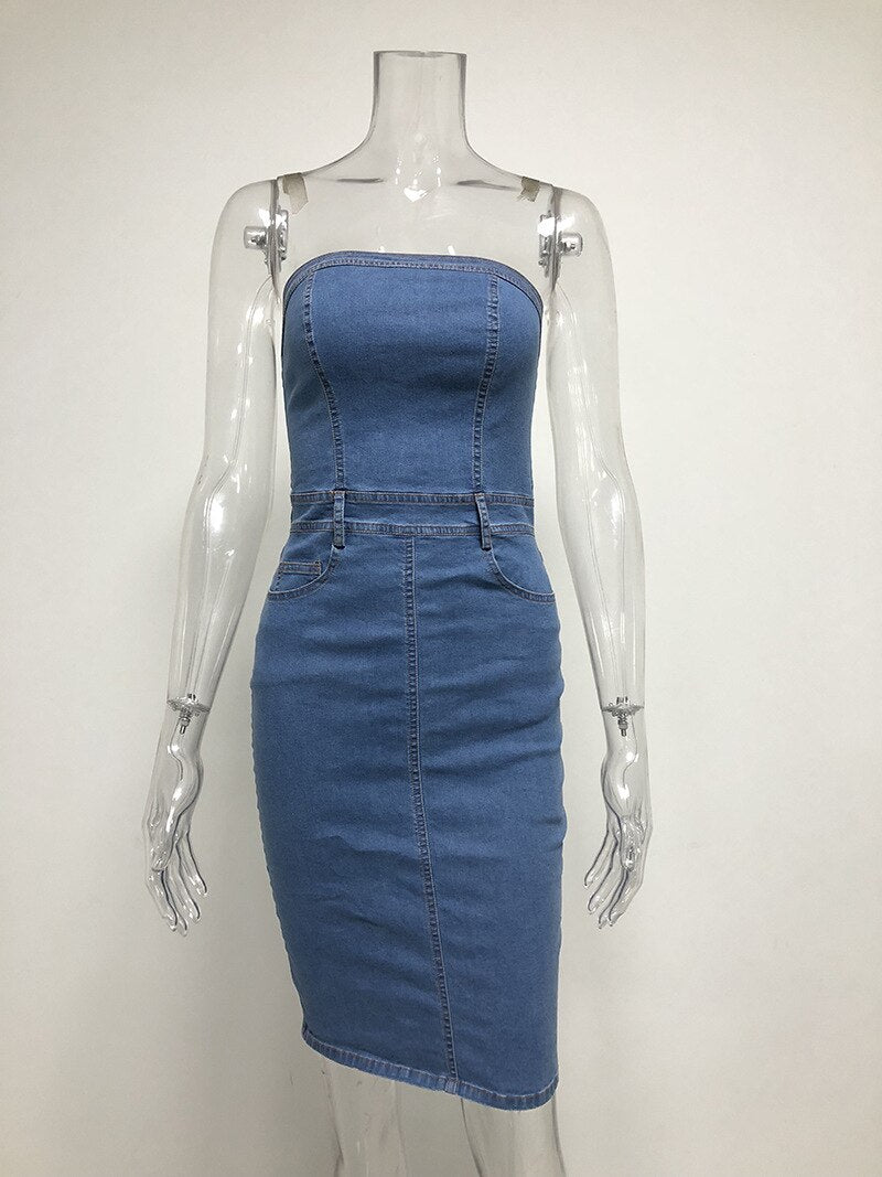 🛍️ Women Bodycon Tube Top Denim Dress