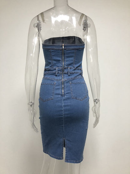 🛍️ Women Bodycon Tube Top Denim Dress