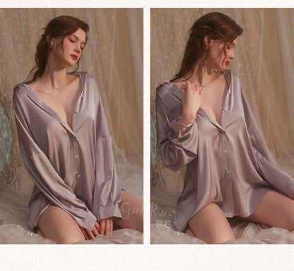 Sexy Solid Color Deep V Solid Color Pajamas Open Back Drawstring Shirt Women's Home Wear Suit